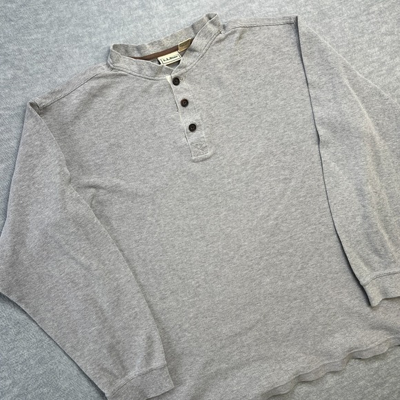 VTG LL Bean Shirt Mens Large Tall Gray Waffle Knit Mock Henley Relaxed Fit Chore - Picture 1 of 8